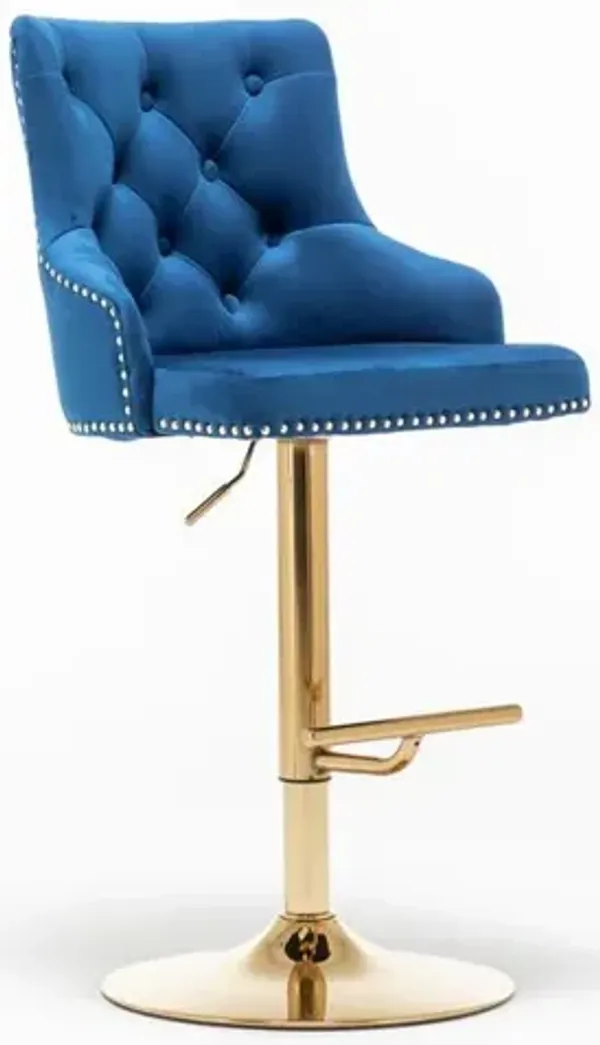 Brightcast 2-piece Velvet Tufted Gold Bar Stools in Blue