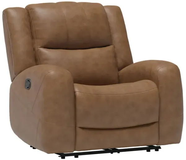 Leos Manual Recliner Chair, Contour Armrest, Wood Frame, Brown Leather - Benzara