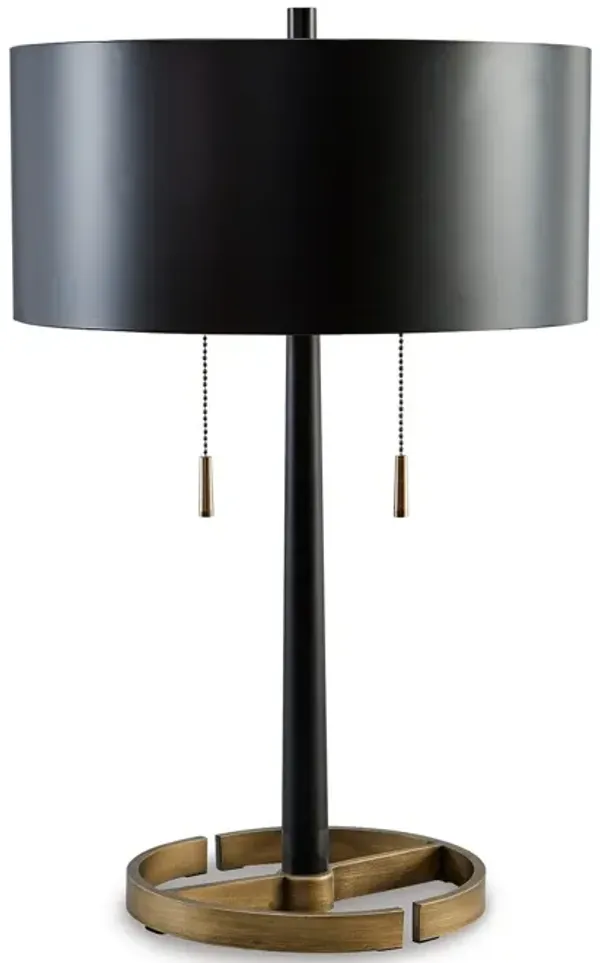 Kien 24 Inch Modern Table Lamp, Black Metal Drum Shade, Gold Toned Base - Benzara