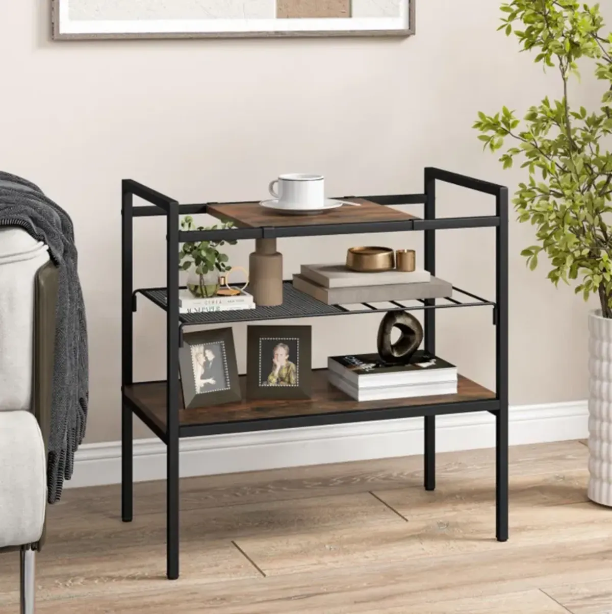 Hivvago Industrial Entryway Table with Removable Panel and Mesh Shelf