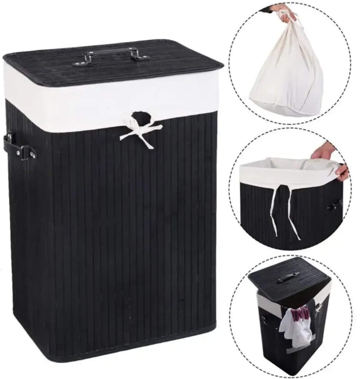 Hivvago Rectangle Bamboo Hamper Laundry Basket Washing Cloth Bin Storage Bag Lid 3 color