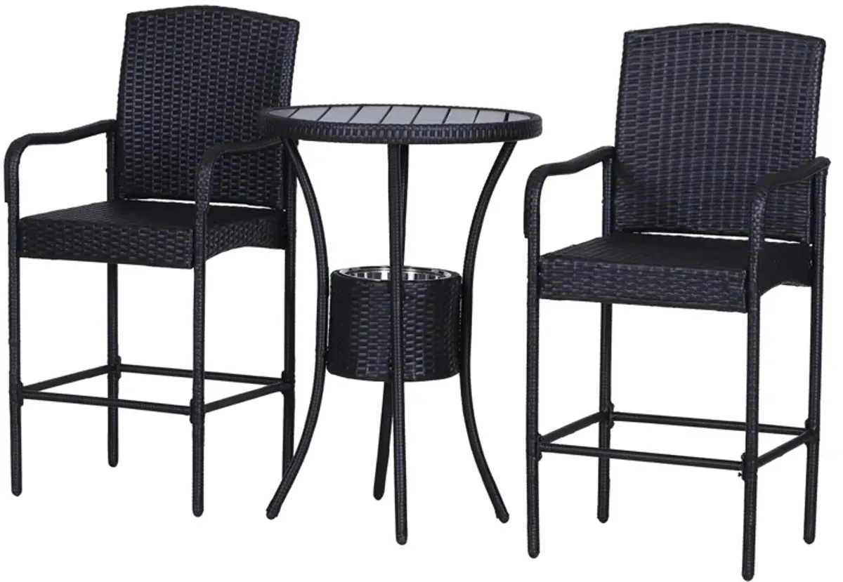 3Pc Rattan Wicker Bistro Set Patio Bar Table Chair Stool Garden