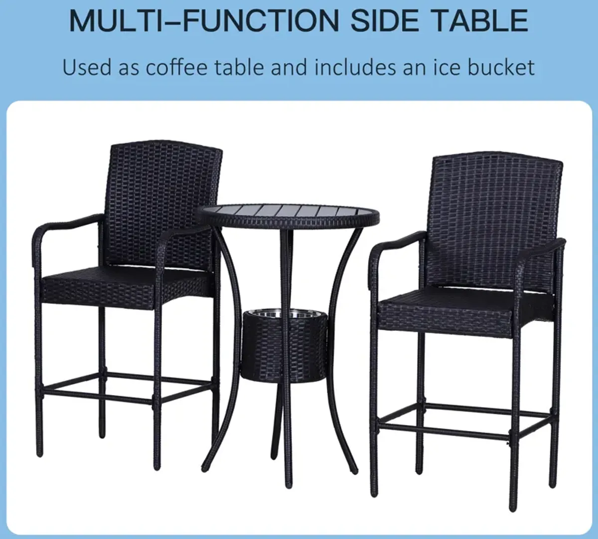 3Pc Rattan Wicker Bistro Set Patio Bar Table Chair Stool Garden