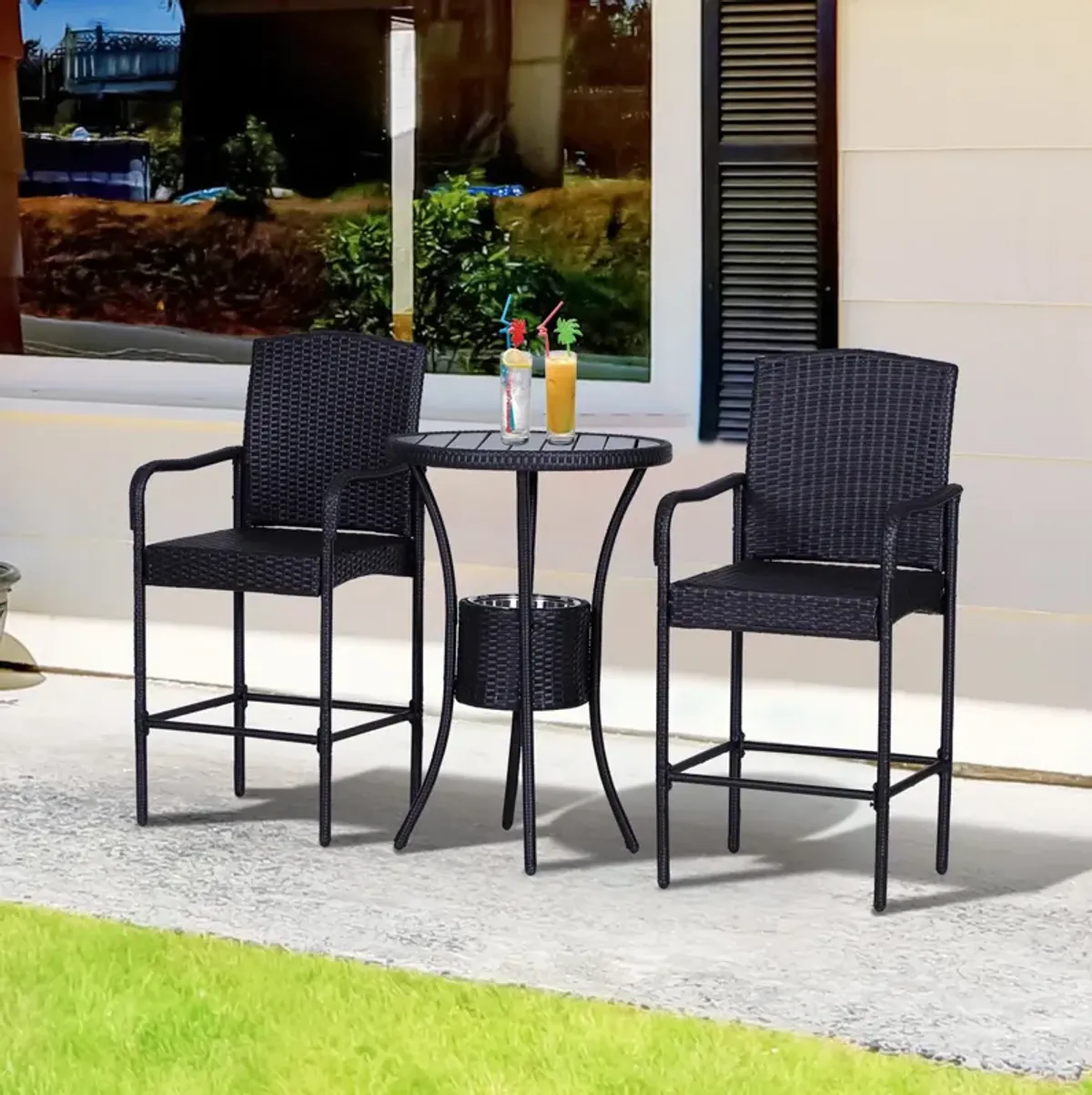 3Pc Rattan Wicker Bistro Set Patio Bar Table Chair Stool Garden