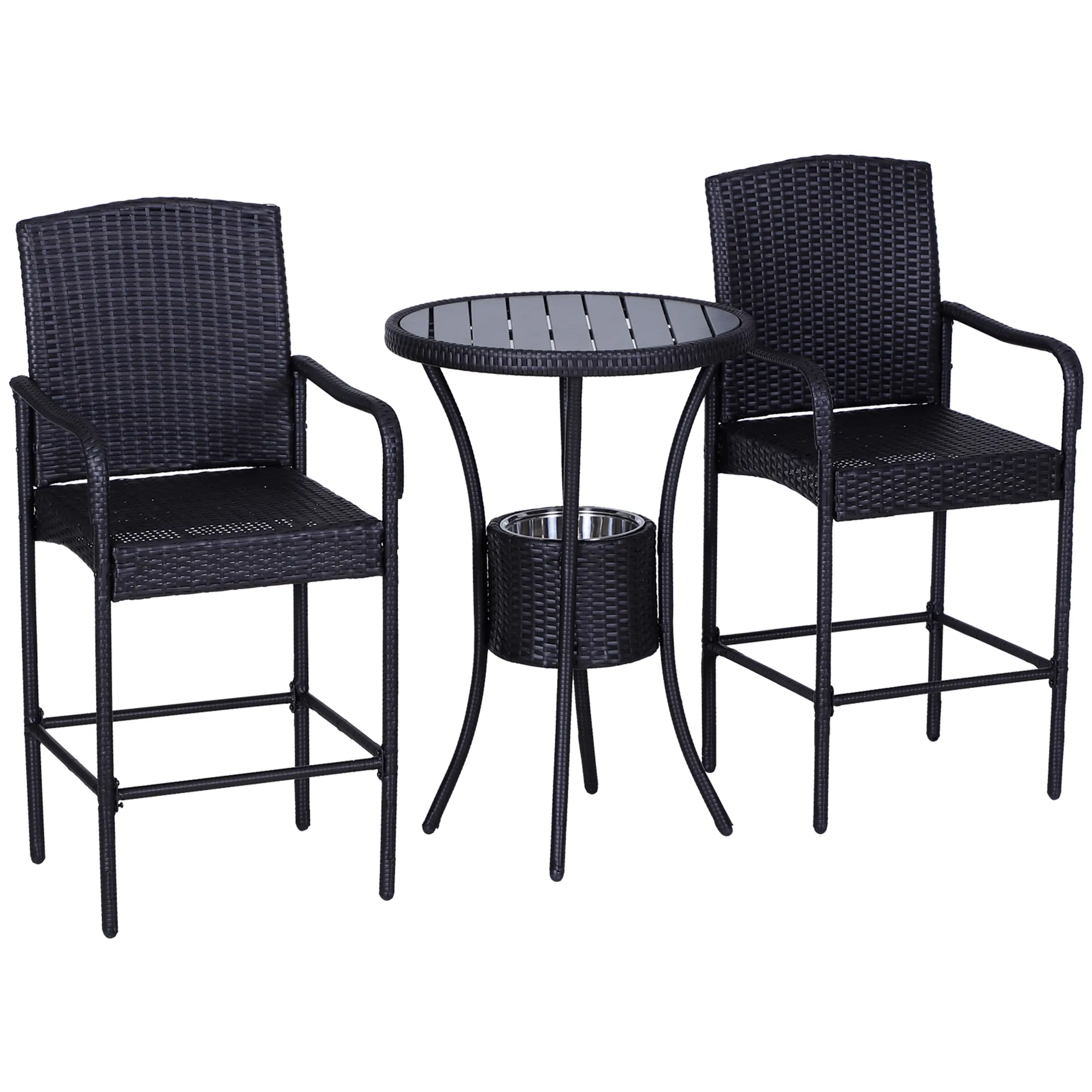 3Pc Rattan Wicker Bistro Set Patio Bar Table Chair Stool Garden