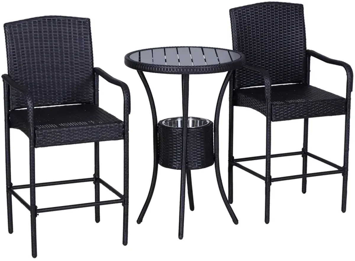 3Pc Rattan Wicker Bistro Set Patio Bar Table Chair Stool Garden