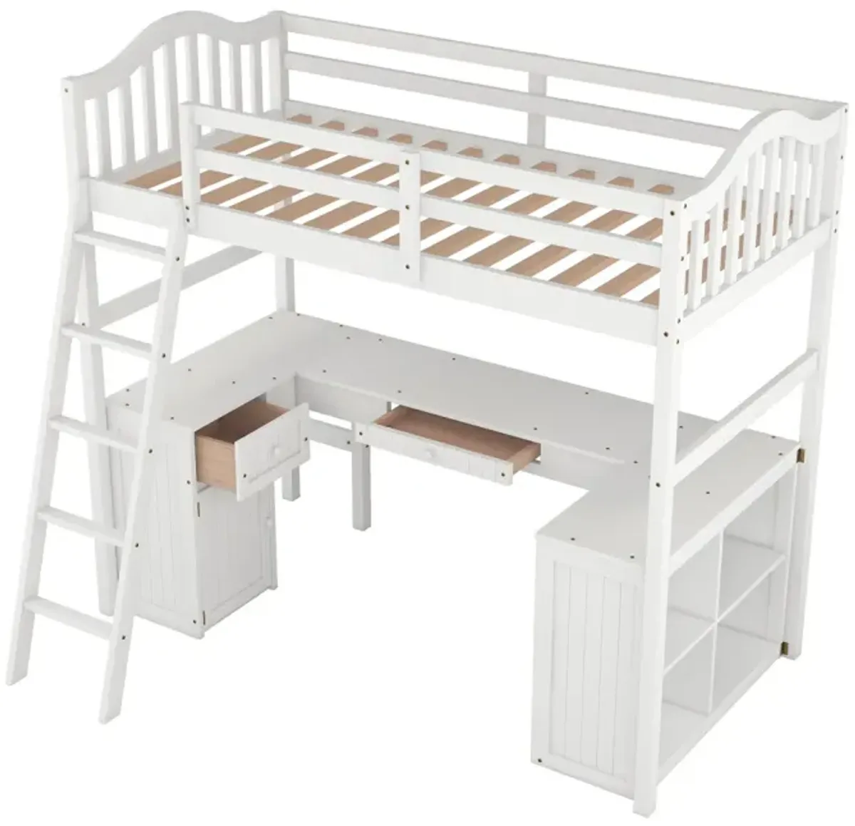 Twin Size Loft Bed With Drawers, Cabinet, Shelves And Desk, Wooden Loft Bed With Desk