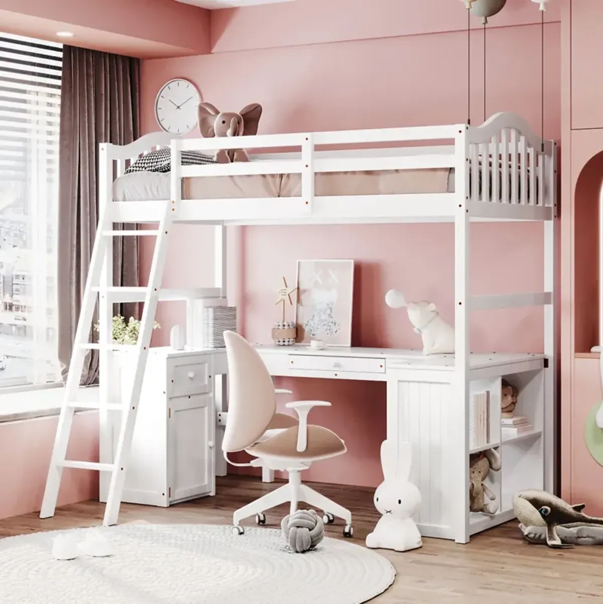 Twin Size Loft Bed With Drawers, Cabinet, Shelves And Desk, Wooden Loft Bed With Desk