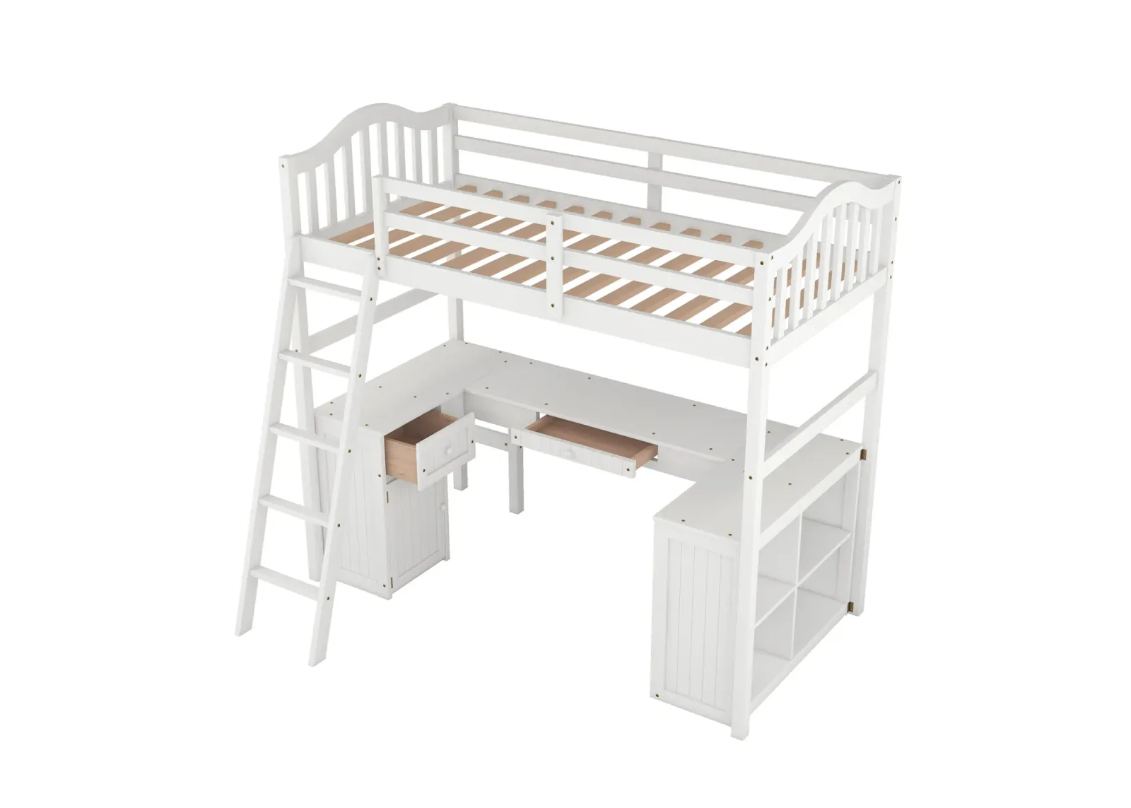 Twin Size Loft Bed With Drawers, Cabinet, Shelves And Desk, Wooden Loft Bed With Desk