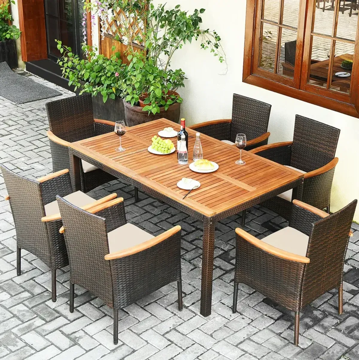 7 Pieces Patio Rattan Dining Set with Armrest Cushioned Chair and Umbrella Hole