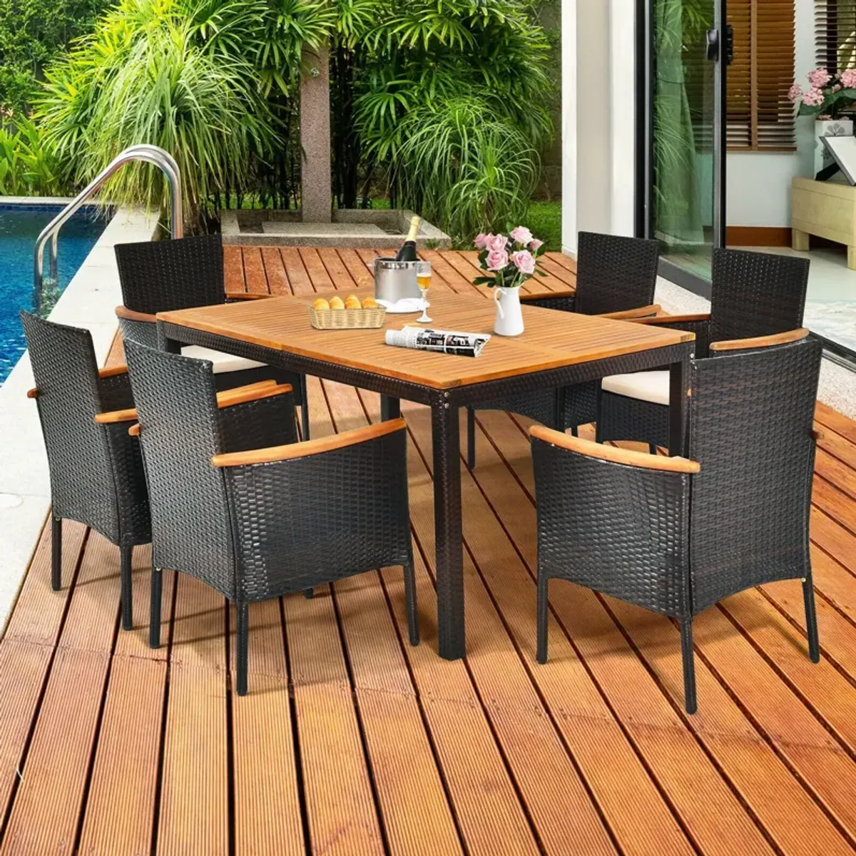 7 Pieces Patio Rattan Dining Set with Armrest Cushioned Chair and Umbrella Hole