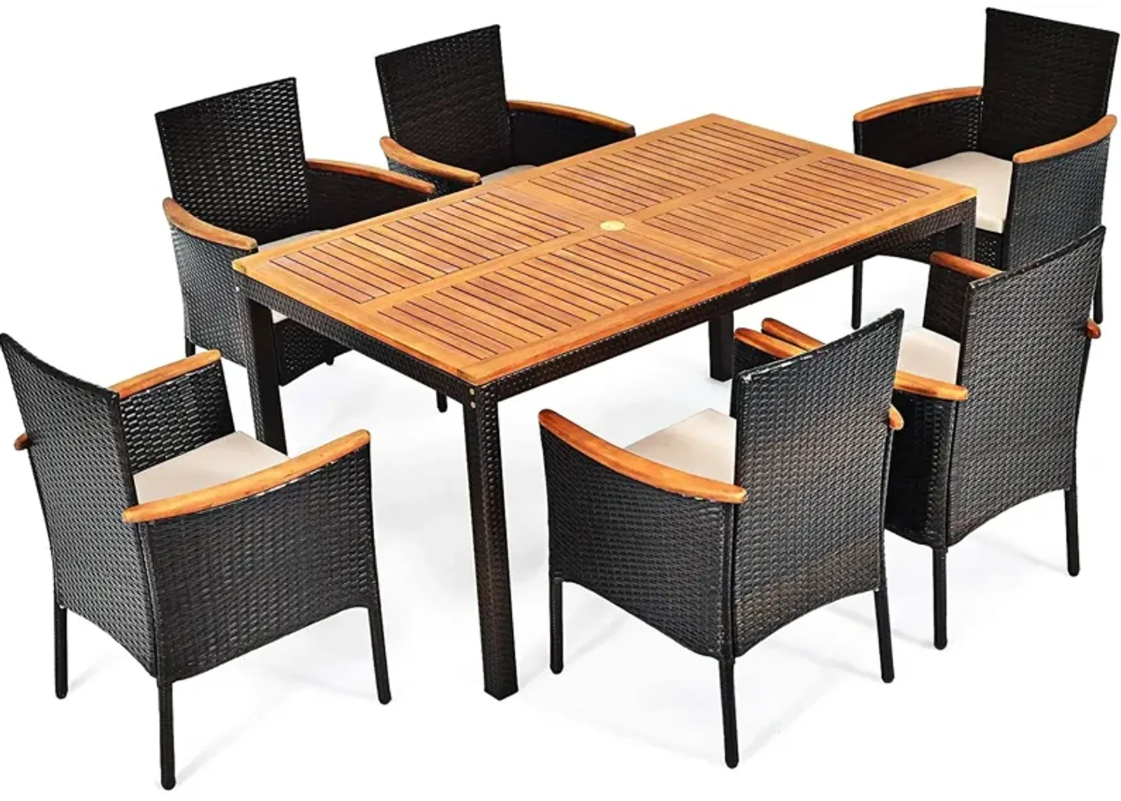 7 Pieces Patio Rattan Dining Set with Armrest Cushioned Chair and Umbrella Hole