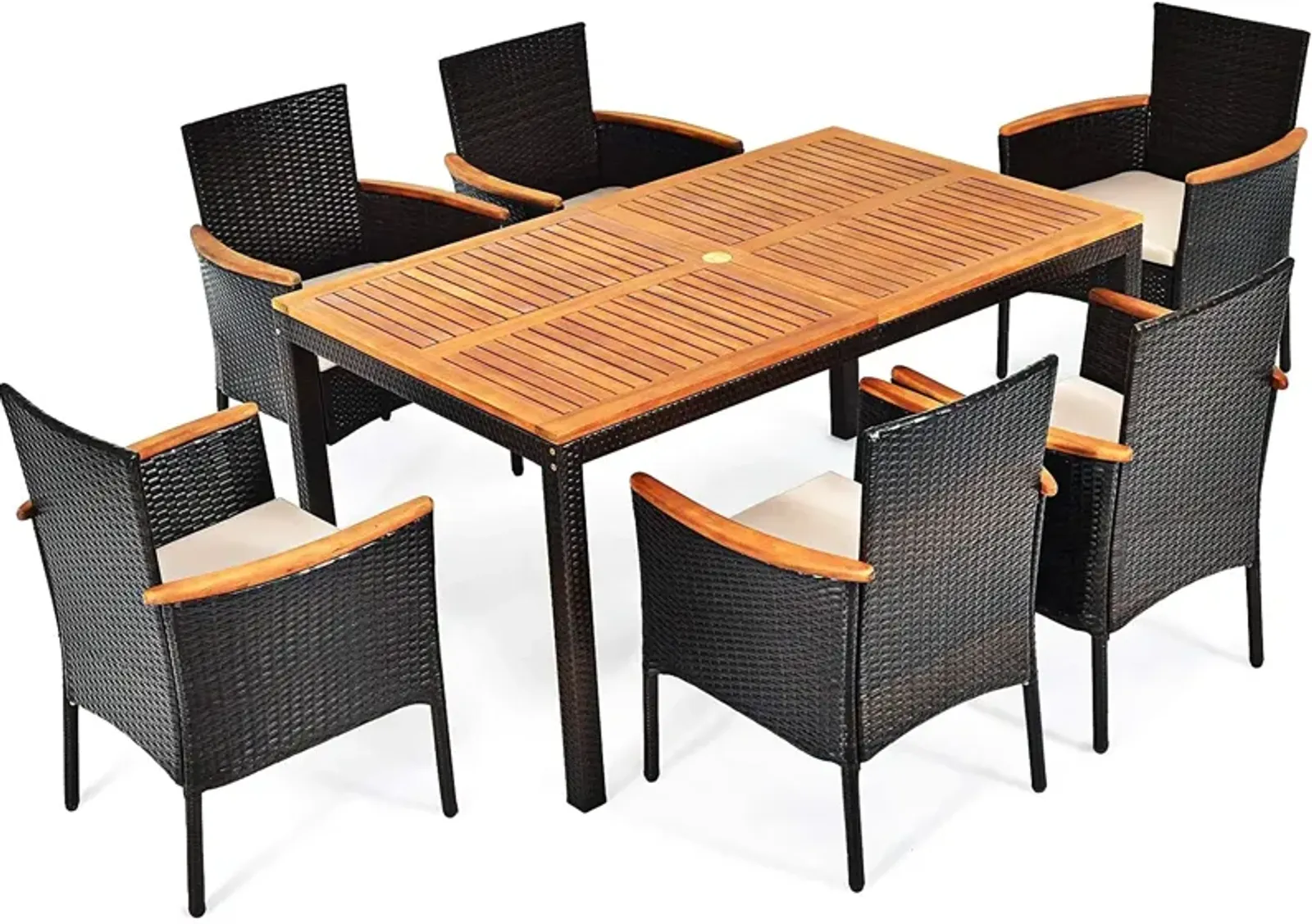 7 Pieces Patio Rattan Dining Set with Armrest Cushioned Chair and Umbrella Hole