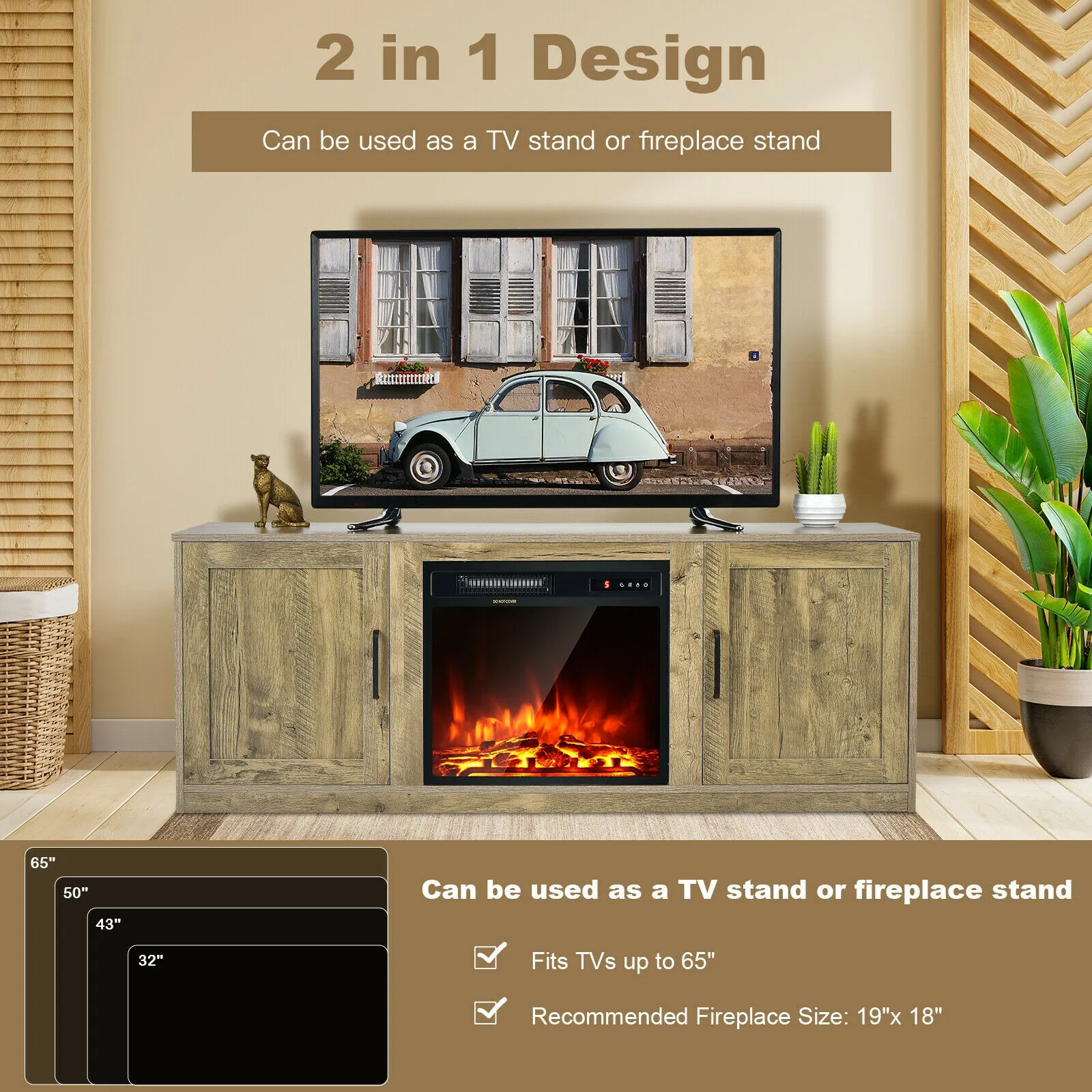 58 Inch TV Stand with 1500W Faux Fireplace for TVs up to 65 Inch