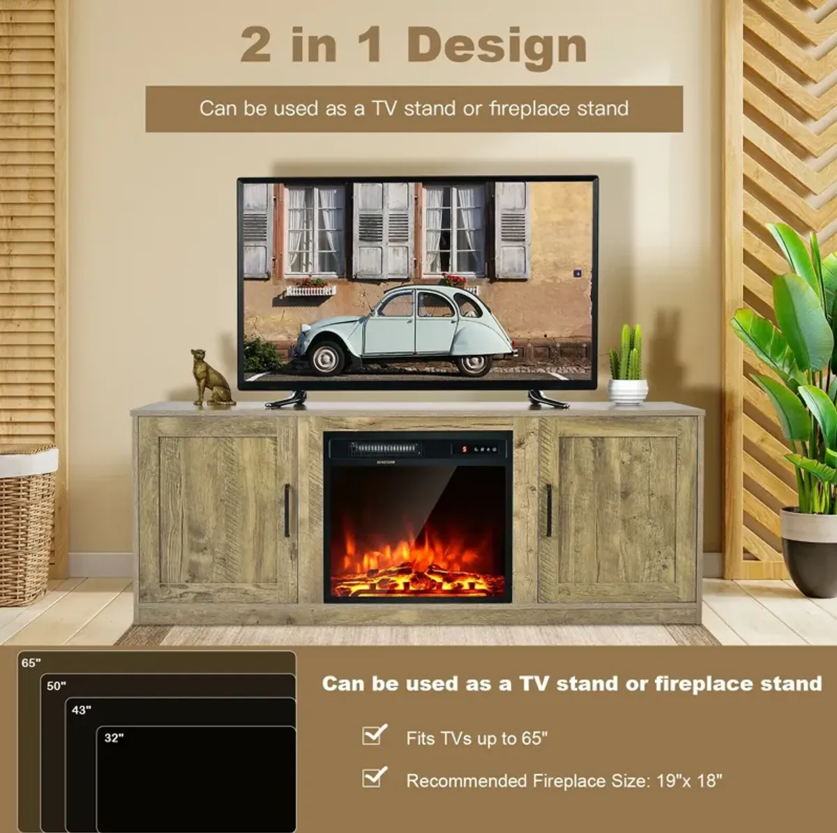 58 Inch TV Stand with 1500W Faux Fireplace for TVs up to 65 Inch