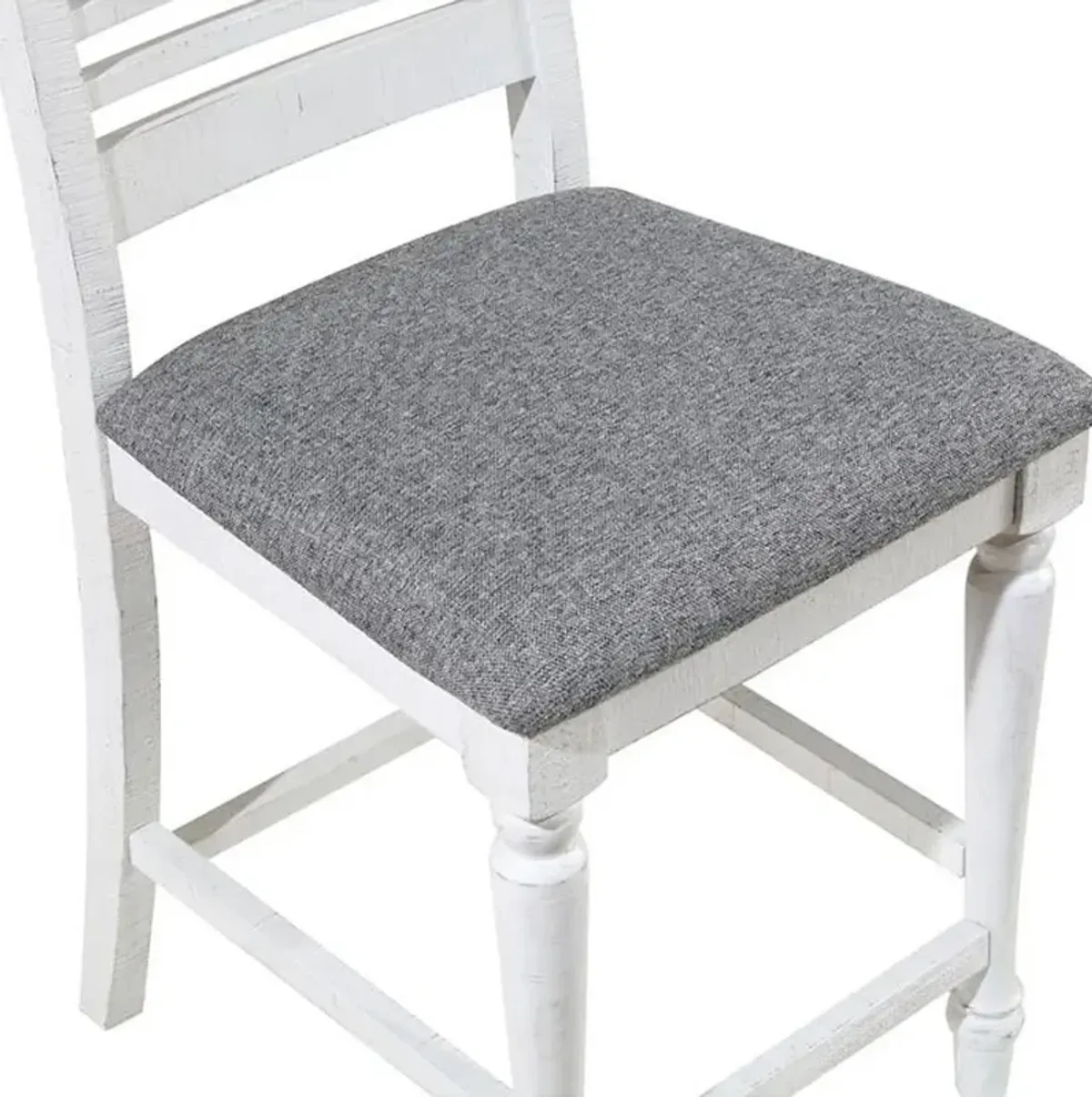 Wren 23 Inch Counter Height Chair Set of 2, Antique White Wood, Gray Seat - Benzara