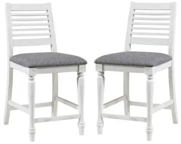 Wren 23 Inch Counter Height Chair Set of 2, Antique White Wood, Gray Seat - Benzara