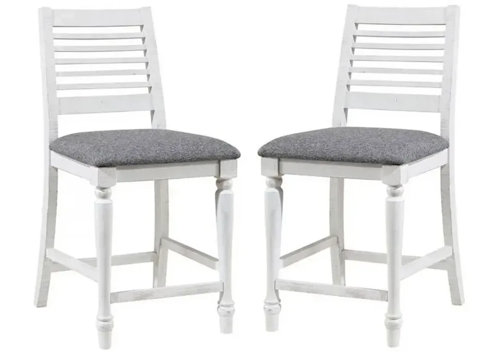 Wren 23 Inch Counter Height Chair Set of 2, Antique White Wood, Gray Seat - Benzara