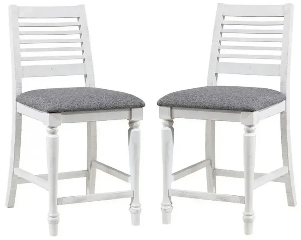 Wren 23 Inch Counter Height Chair Set of 2, Antique White Wood, Gray Seat - Benzara