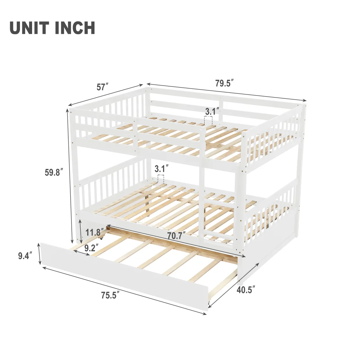 Full Over Full Bunk Bed with Trundle, Convertible to 2 Full Size Platform Bed, Full Size Bunk Bed with Ladder and Safety Rails for Kids, Teens, Adults, White