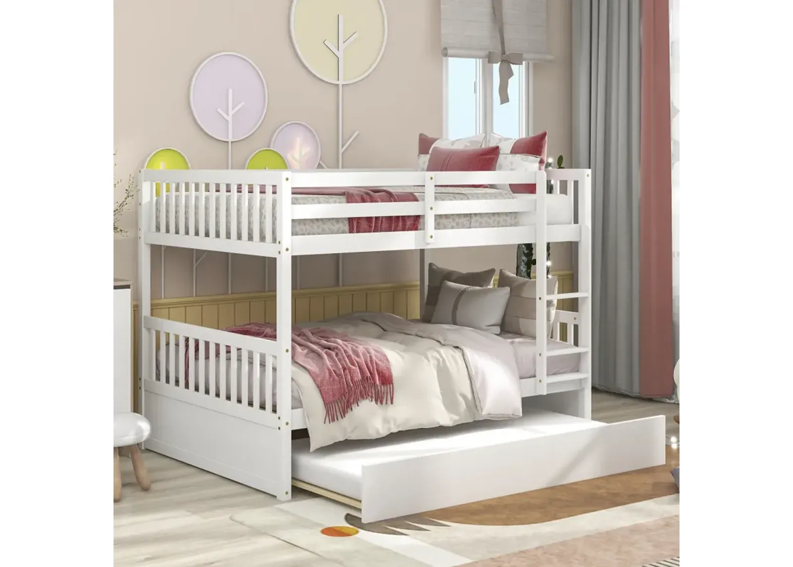 Full Over Full Bunk Bed With Trundle, Convertible To 2 Full Size Platform Bed, Full Size Bunk