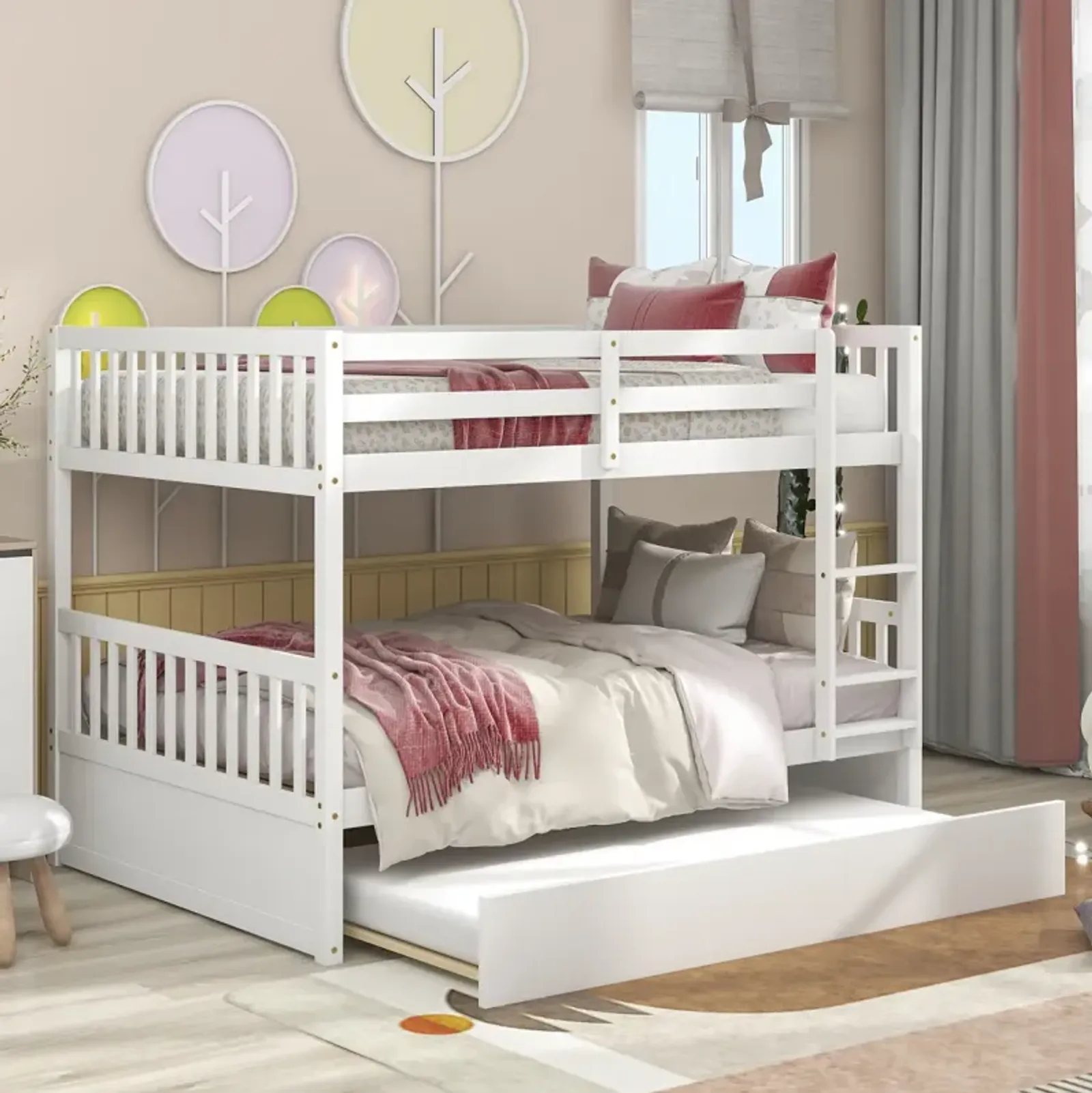 Full Over Full Bunk Bed With Trundle, Convertible To 2 Full Size Platform Bed, Full Size Bunk