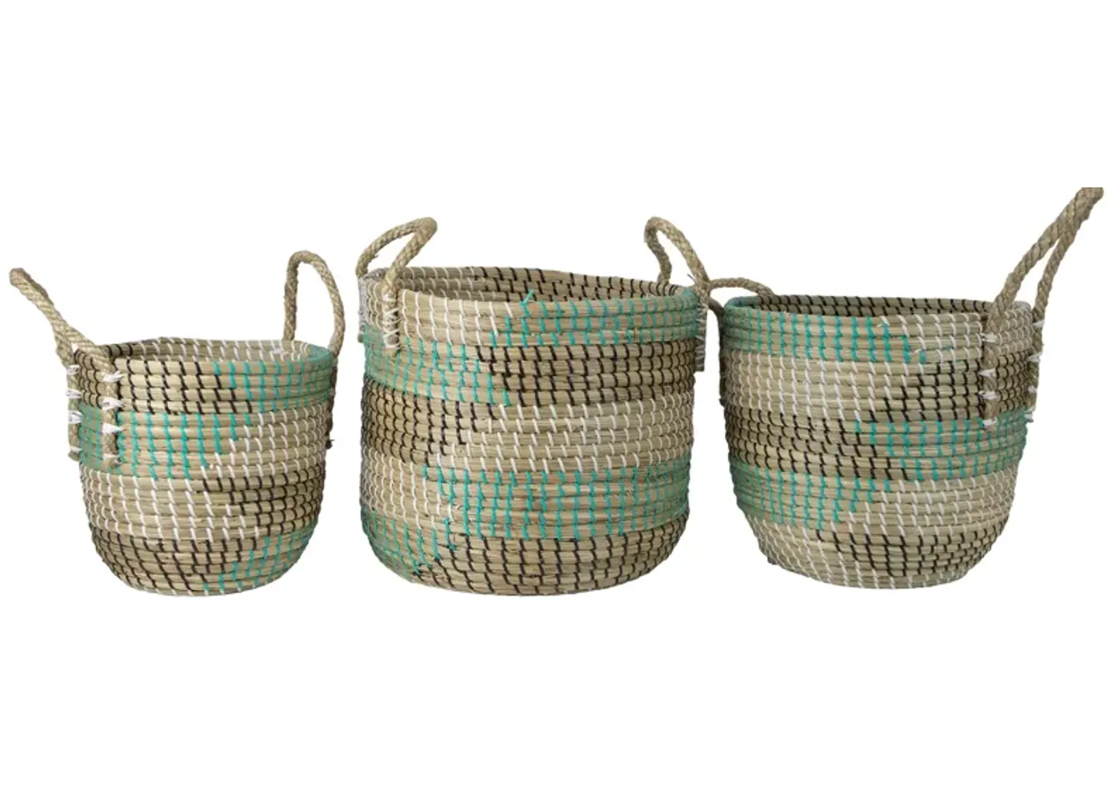 Set of 3 Natural Woven Seagrass Basket with Teal  Black and White Accents