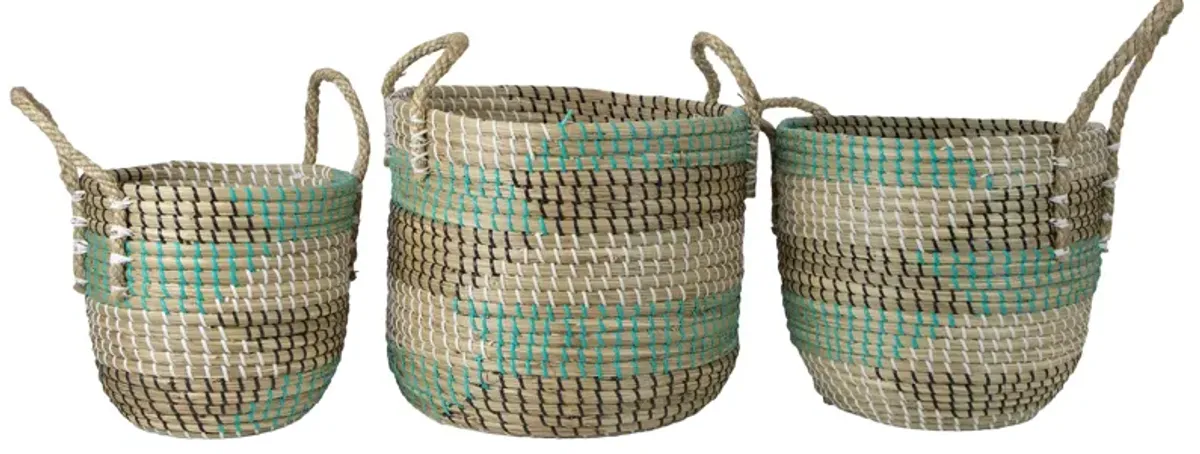 Set of 3 Natural Woven Seagrass Basket with Teal  Black and White Accents