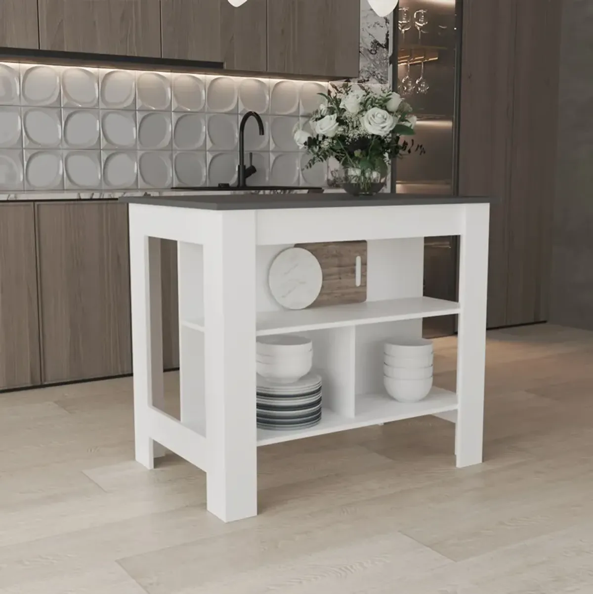 Delos Kitchen Island 35.4" H, with 3 Shelves, White / Mahogany