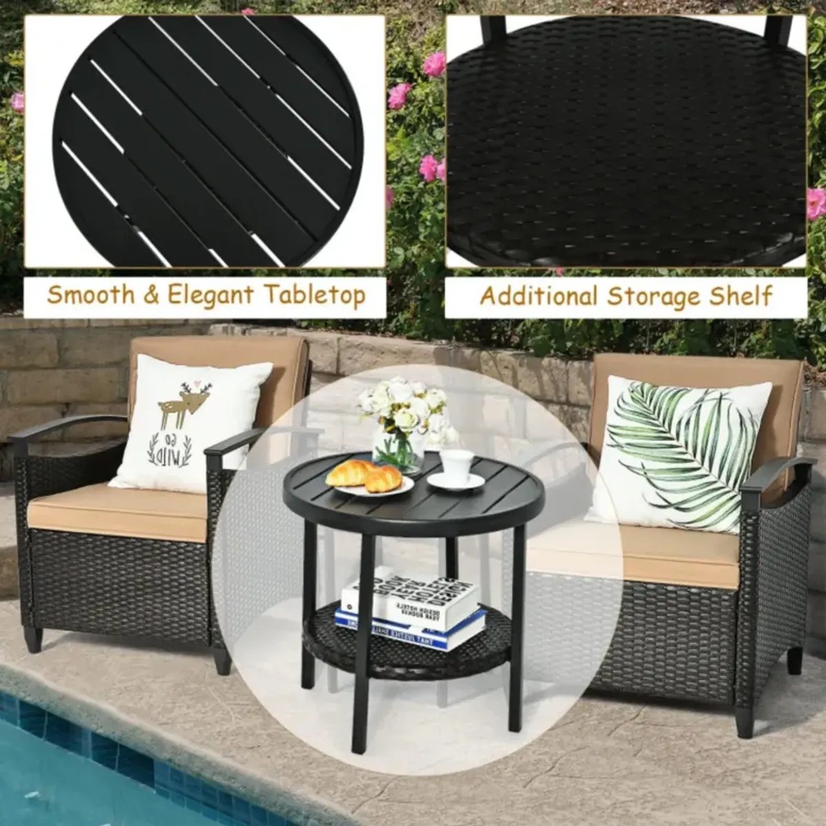 Hivvago 3 Pieces Patio Rattan Furniture Set Cushioned Sofa Storage Table with Shelf Garden