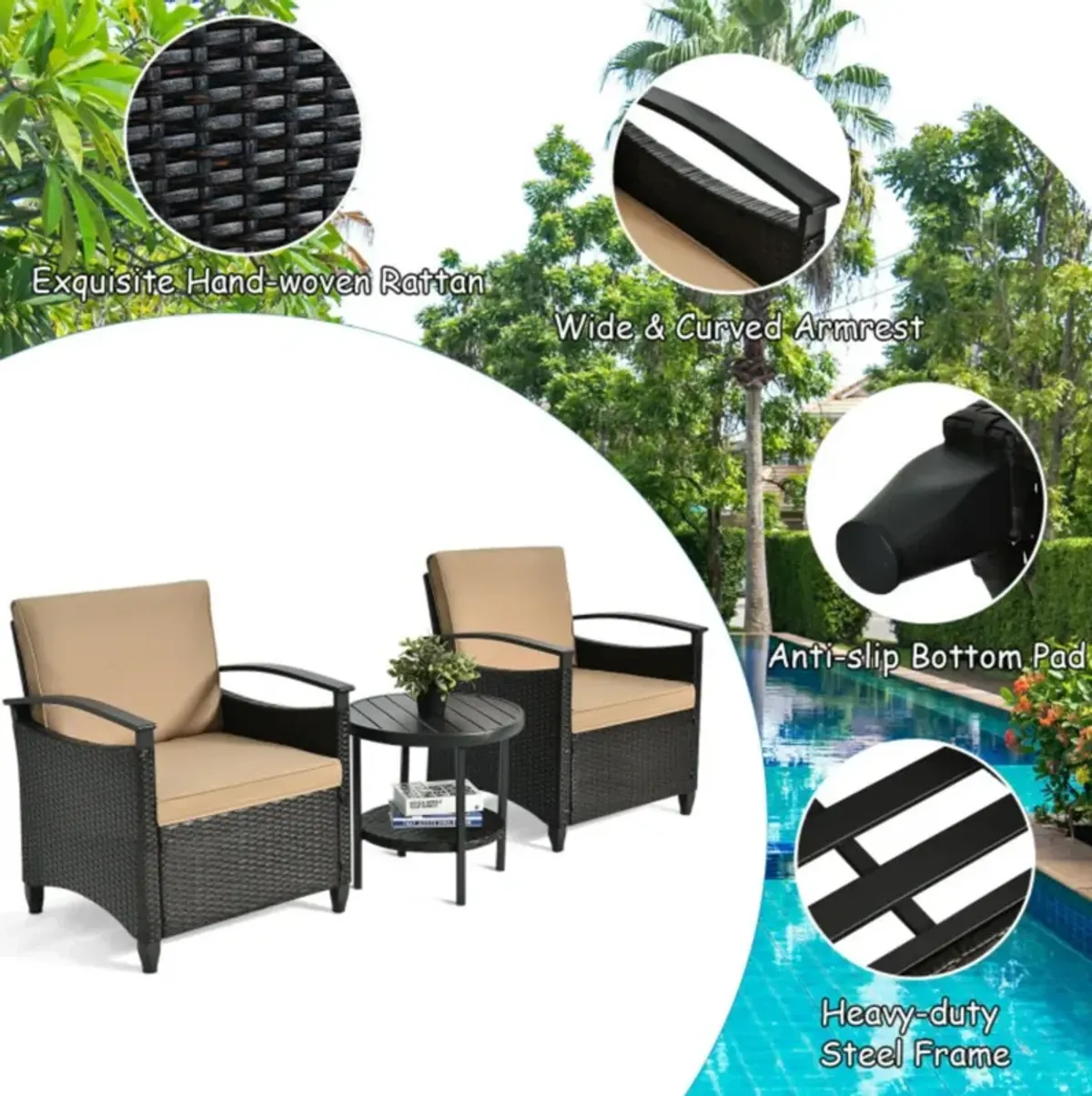 Hivvago 3 Pieces Patio Rattan Furniture Set Cushioned Sofa Storage Table with Shelf Garden