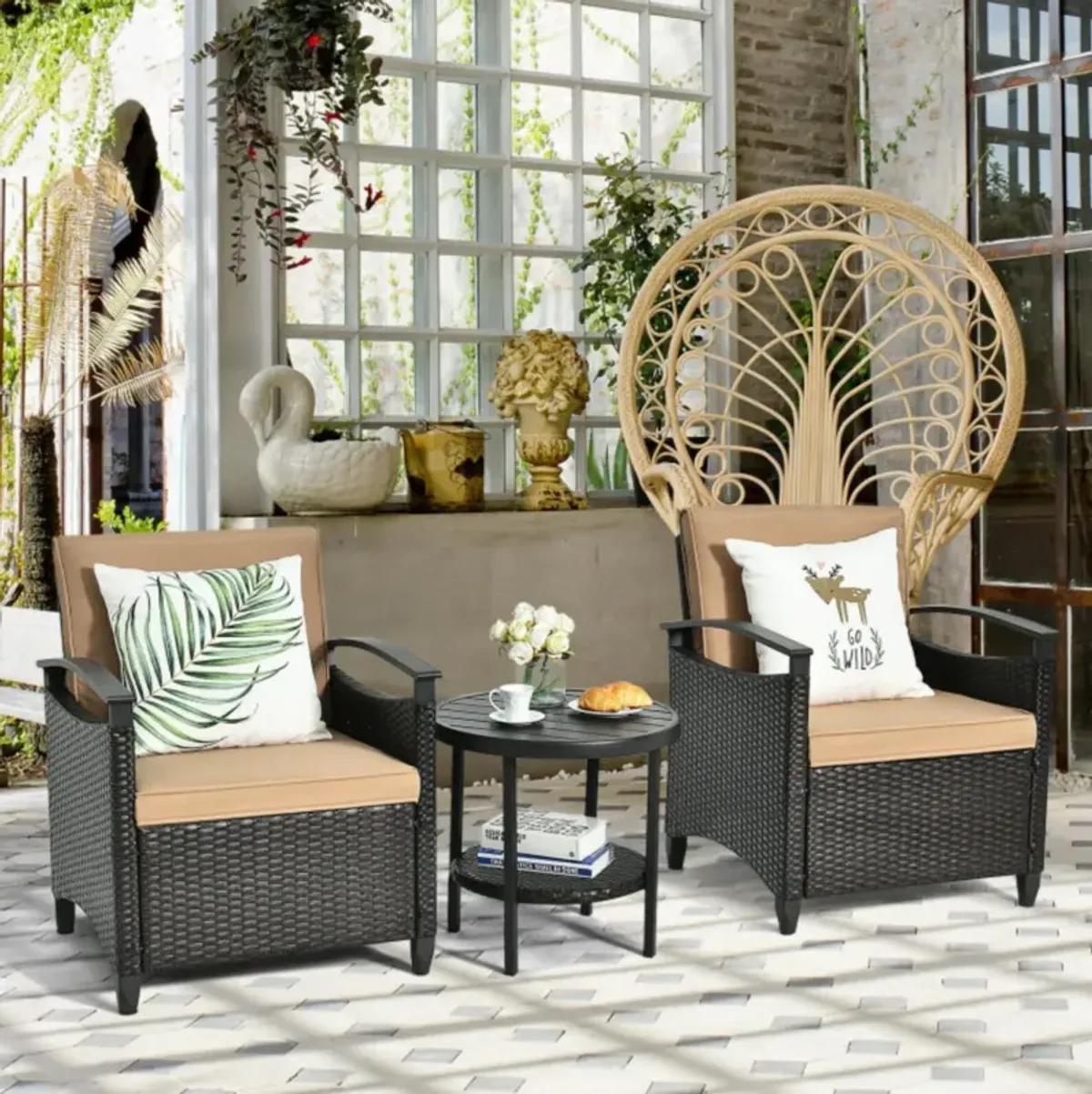 Hivvago 3 Pieces Patio Rattan Furniture Set Cushioned Sofa Storage Table with Shelf Garden