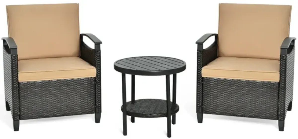 Hivvago 3 Pieces Patio Rattan Furniture Set Cushioned Sofa Storage Table with Shelf Garden