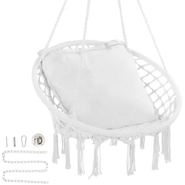 Macramé Hanging Hammock Chair with Cushion – Swing Chair for Indoors & Outdoors, Great for Balcony, Porch, or Lounge Areas