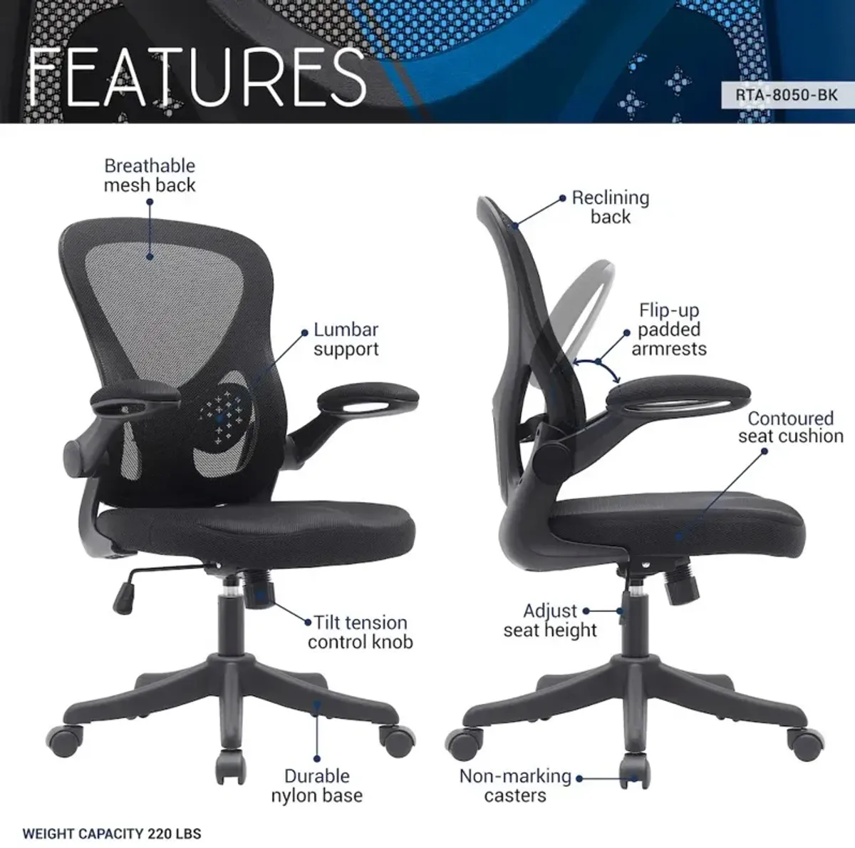 Techni Mobili Black Mesh Office Chair with Lumbar Support and Flip-Up Arms