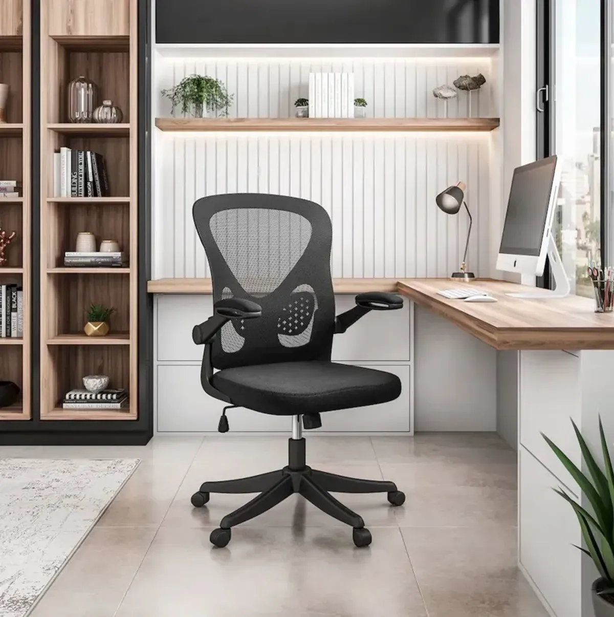 Techni Mobili Black Mesh Office Chair with Lumbar Support and Flip-Up Arms