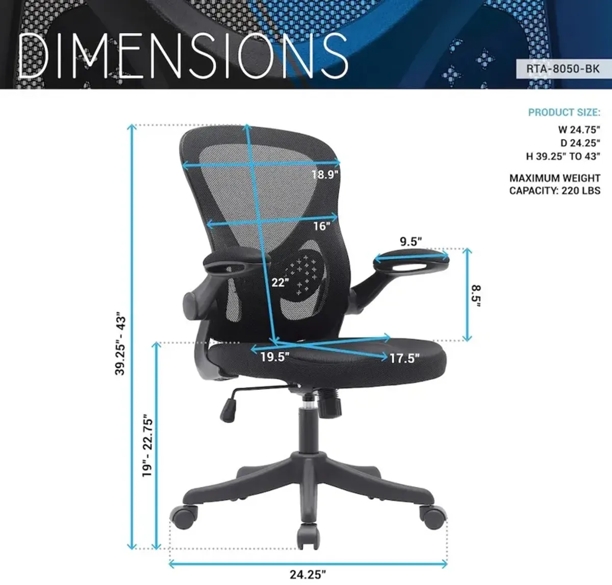 Techni Mobili Black Mesh Office Chair with Lumbar Support and Flip-Up Arms