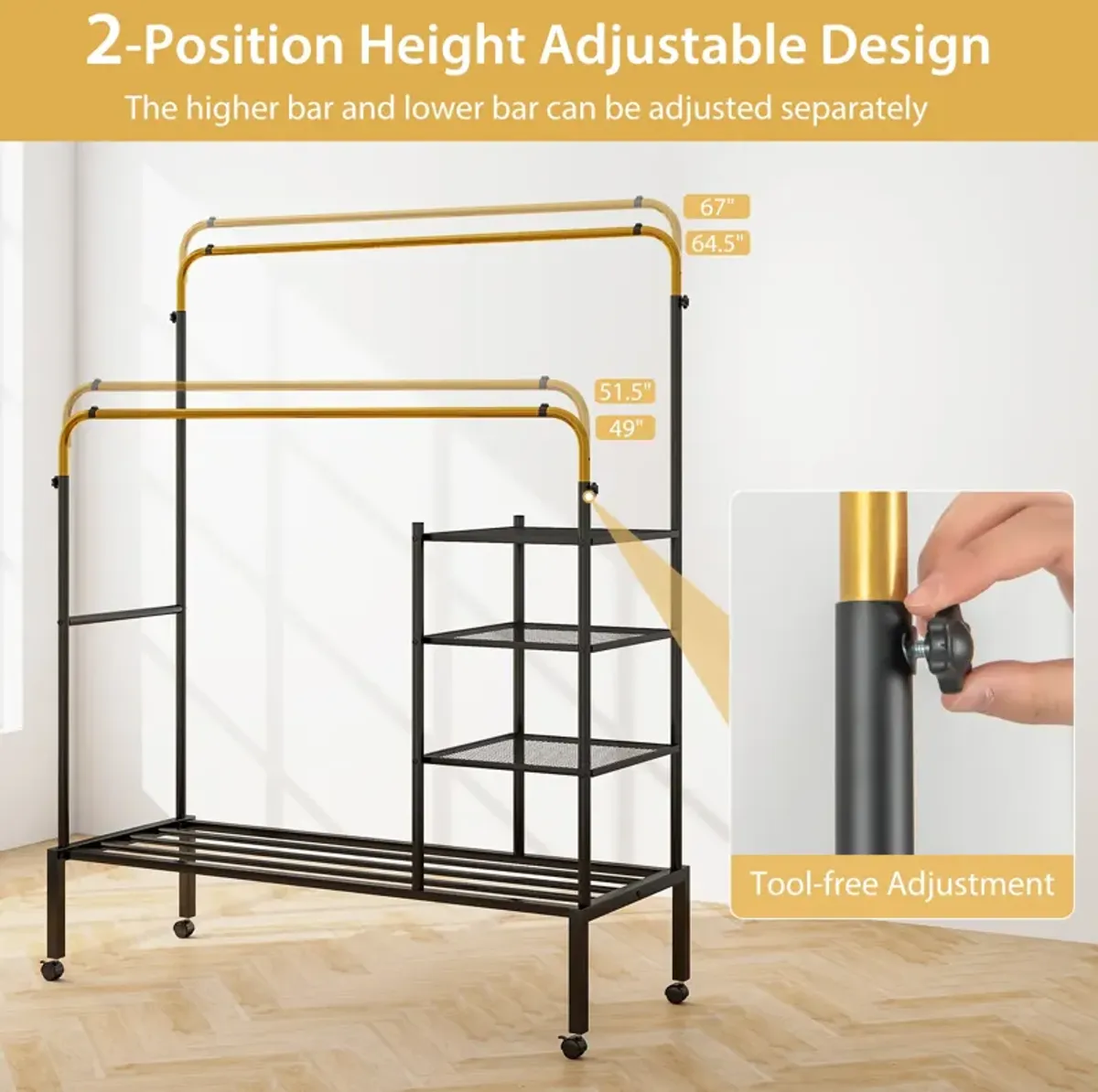 Rolling Double Rods Garment Rack with Height Adjustable Hanging Bars