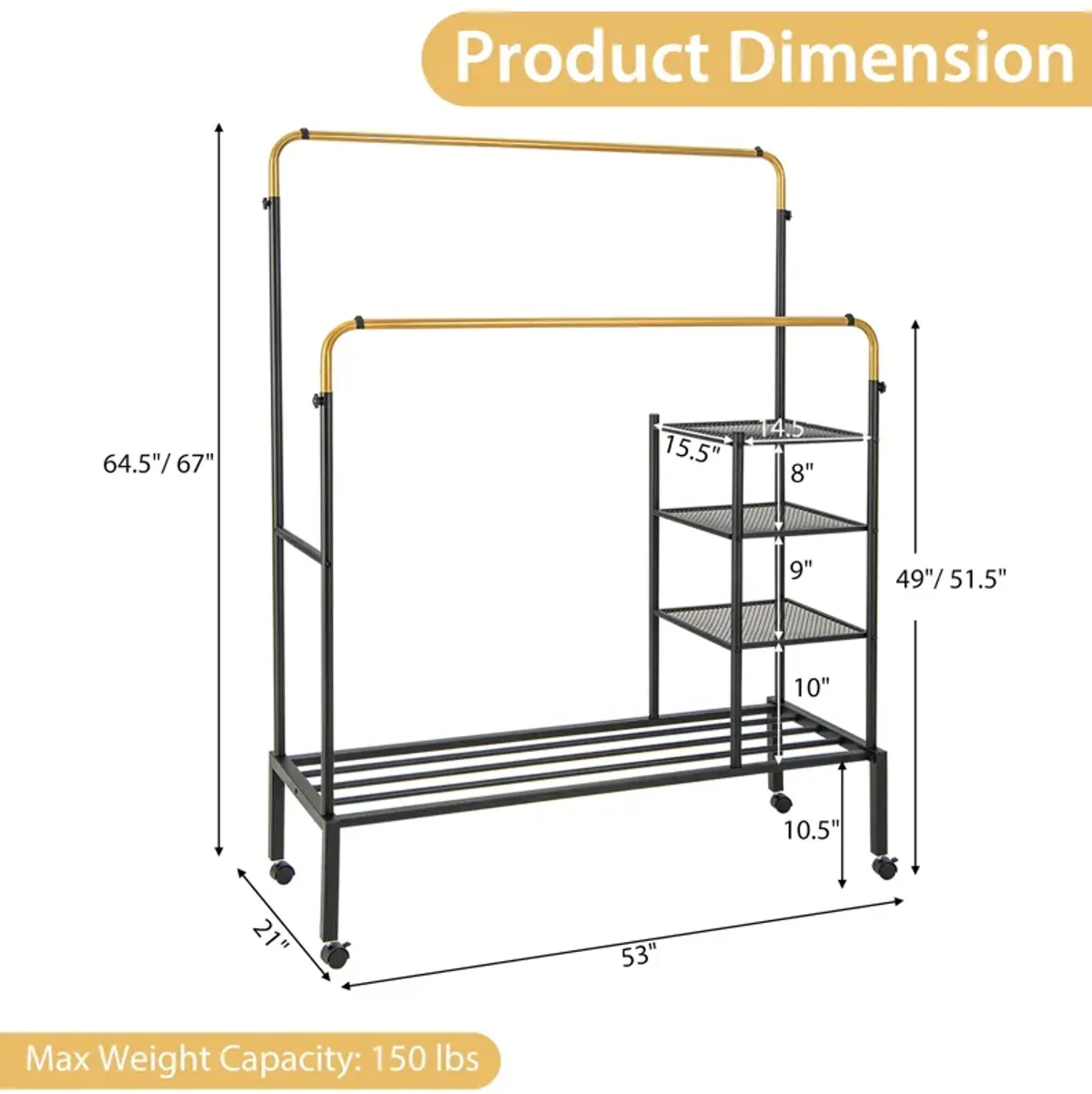 Rolling Double Rods Garment Rack with Height Adjustable Hanging Bars