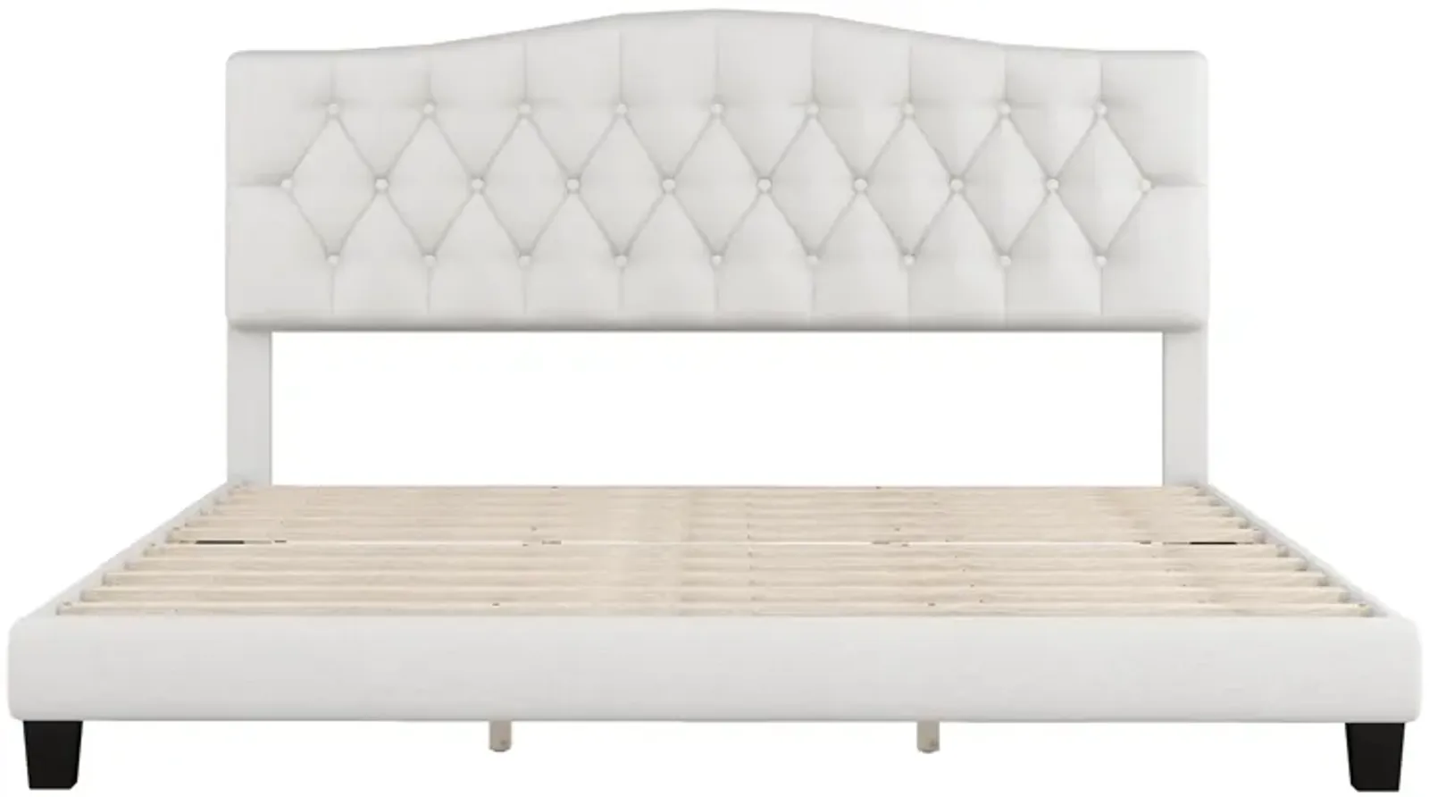 Merax Upholstered Platform Bed with Saddle Curved Headboard and Diamond Tufted Details