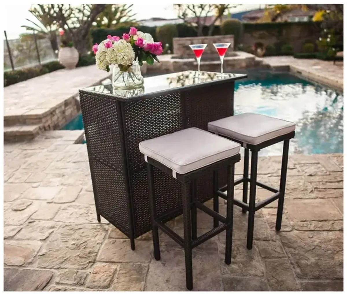 3pc Bar and Stools Outdoor Patio Set - 5.5' - Cream and Brown