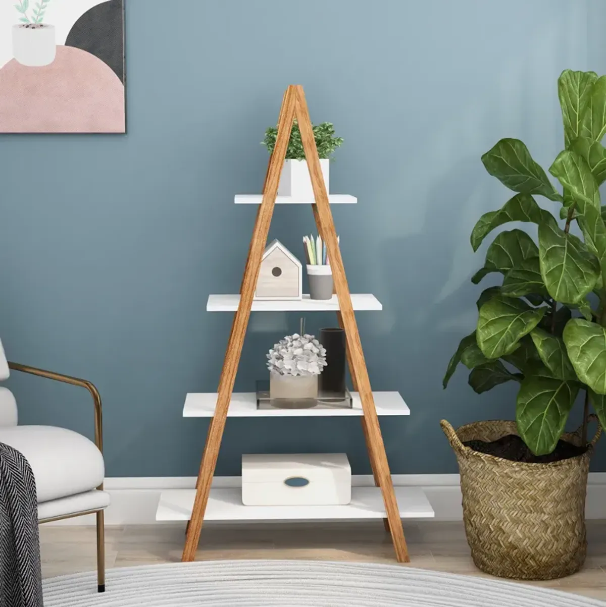 Solid Bamboo Wood Oxford A Frame Ladder Display Bookshelf