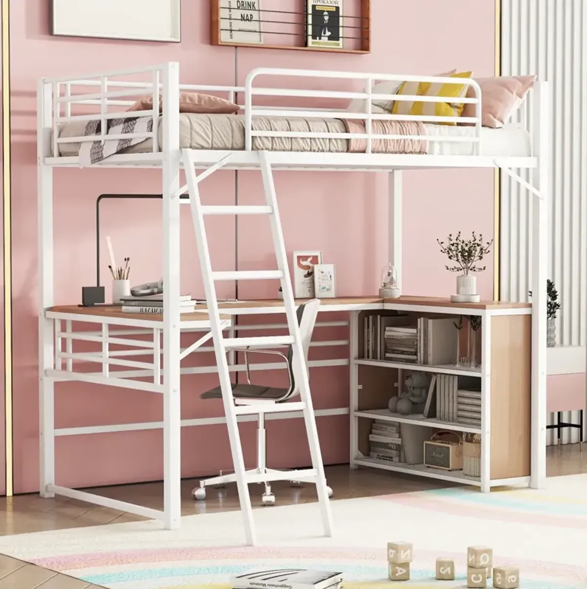 Twin Size Metal Loft Bed With 3 Layers Of Shelves And L-Shaped Desk, White