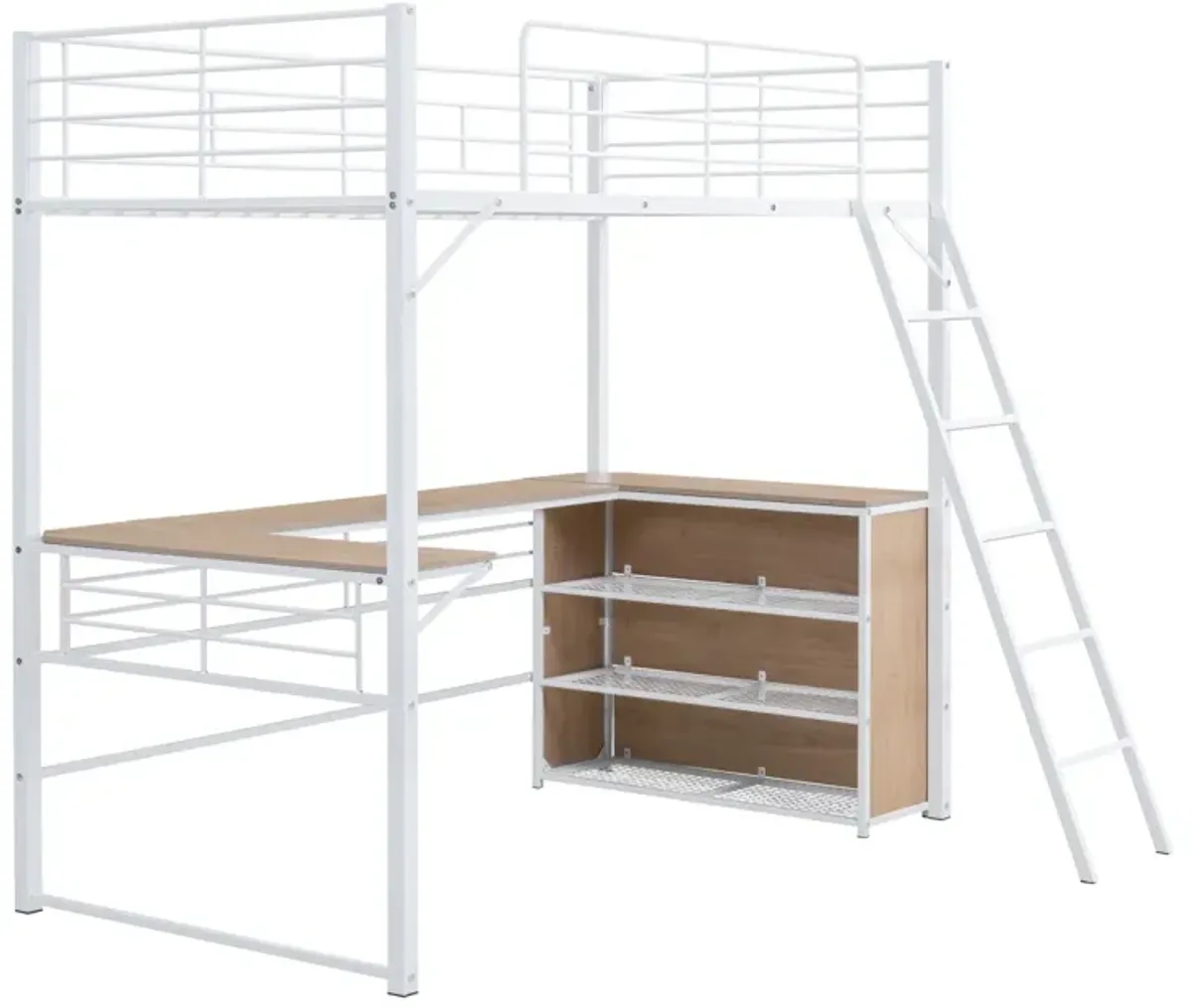 Twin Size Metal Loft Bed With 3 Layers Of Shelves And L-Shaped Desk, White