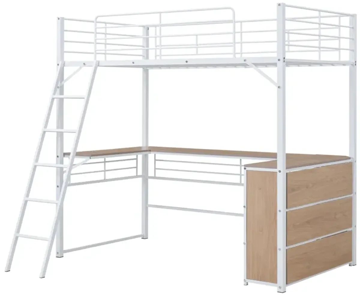 Twin Size Metal Loft Bed With 3 Layers Of Shelves And L-Shaped Desk, White