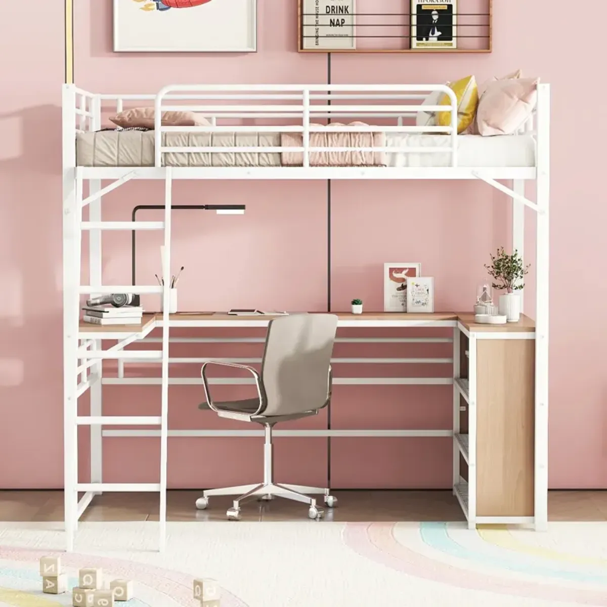 Twin Size Metal Loft Bed With 3 Layers Of Shelves And L-Shaped Desk, White