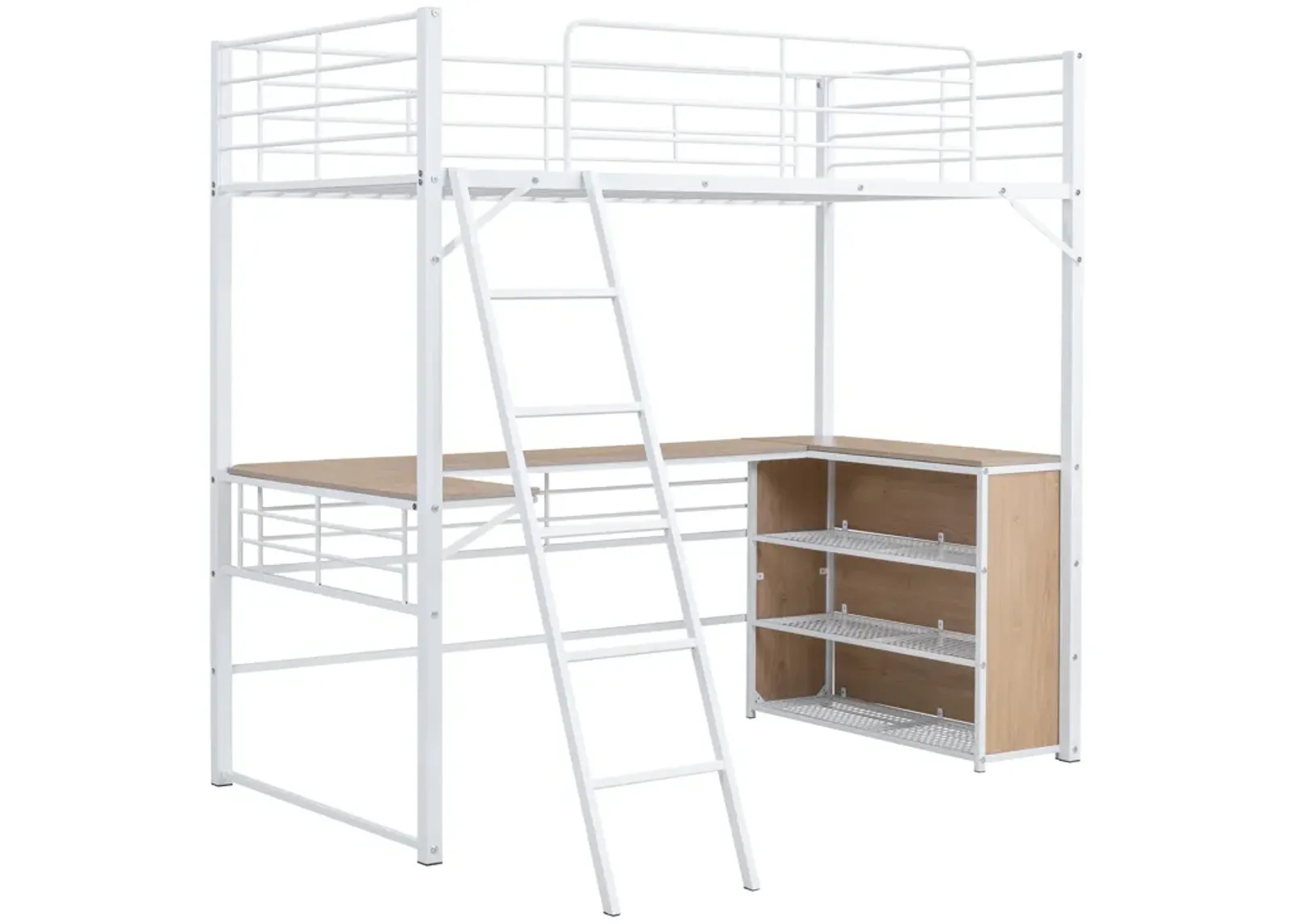 Twin Size Metal Loft Bed With 3 Layers Of Shelves And L-Shaped Desk, White