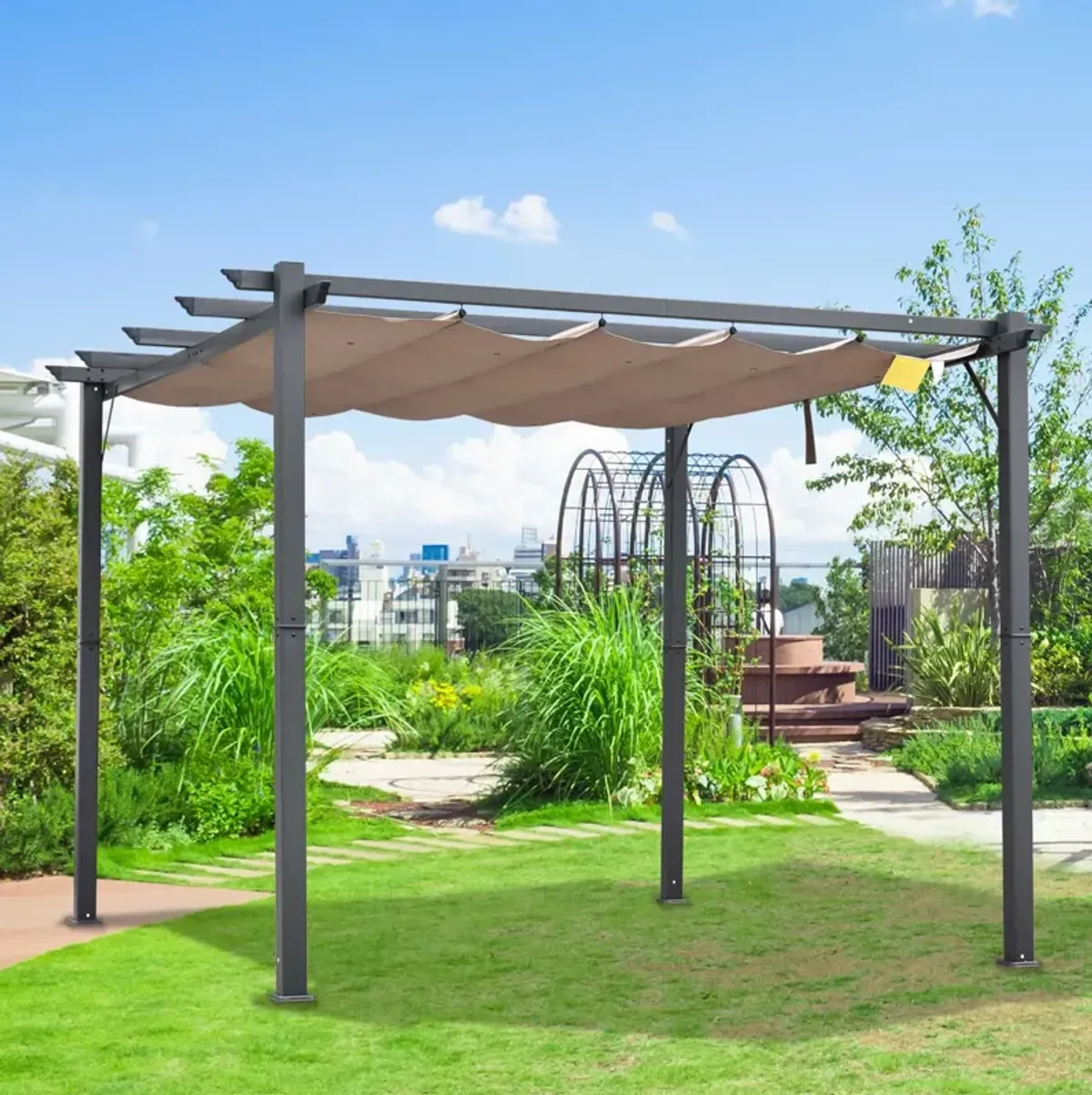 Grey Backyard Shade: 10x10 ft Patio Pergola with Retractable Canopy