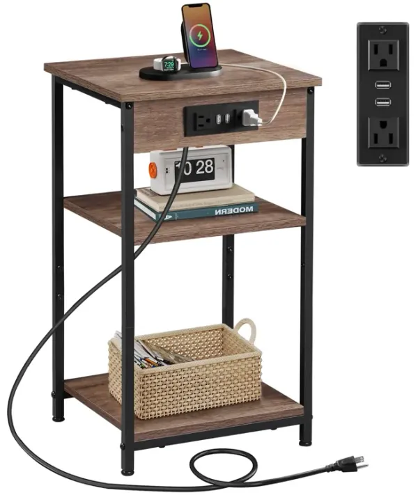 WLIVE Side Table with Charging Station and USB Ports, Small End Tables for Small Spaces, 3-Tier Nightstand with Adjustable Shelf