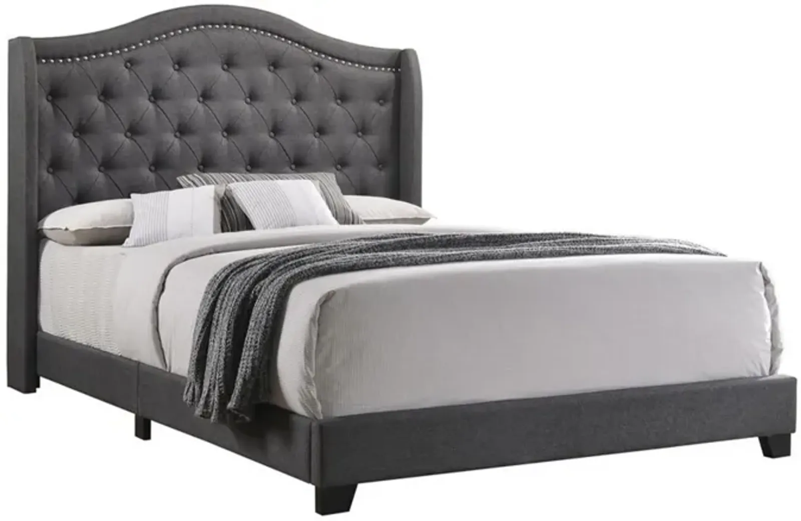 Fabric Upholstered Wooden Demi Wing Queen Bed with Camelback Headboard,Gray-Benzara